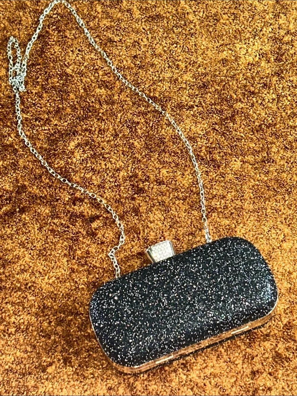Black Glitter Rhinestone Evening Clutch with Silver Chain